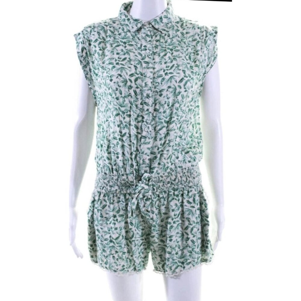 Skylar + Madison Green Print  Romper Size Medium  Smocked Waist Tie Pockets
